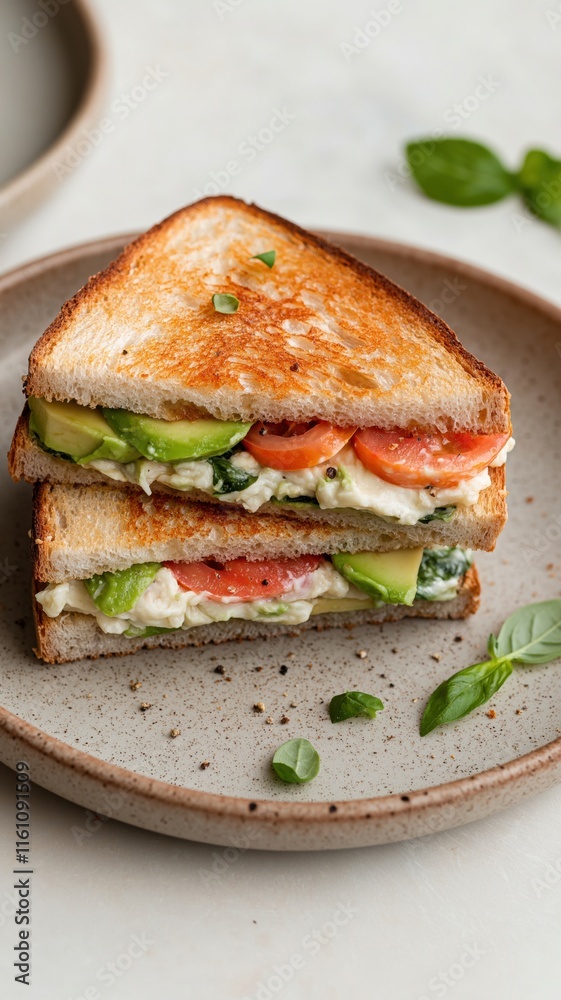 Gourmet sandwich with avocado, tomato, and crispy bacon on rustic plate for culinary inspiration Gourmet sandwich with avocado, tomato, and crispy bacon on rustic plate for culinary inspiration