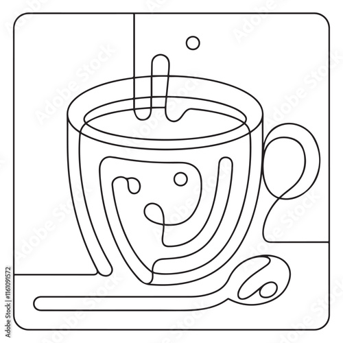 Coffee cup outline. Continuous line drawing with cup of coffee and coffee beans. Breakfast outline illustration. Line art for cafe