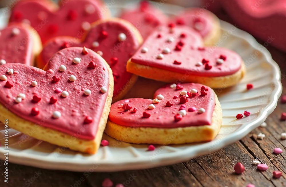 Heart shaped cookies with pink icing and colorful sprinkles on a white plate. Holiday treat concept Heart shaped cookies with pink icing and colorful sprinkles on a white plate. Holiday treat concept