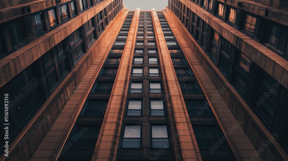 Fototapeta premium Art Deco architectural faÃ§ade showcasing strong lines and vertical design captured from a low angle perspective.