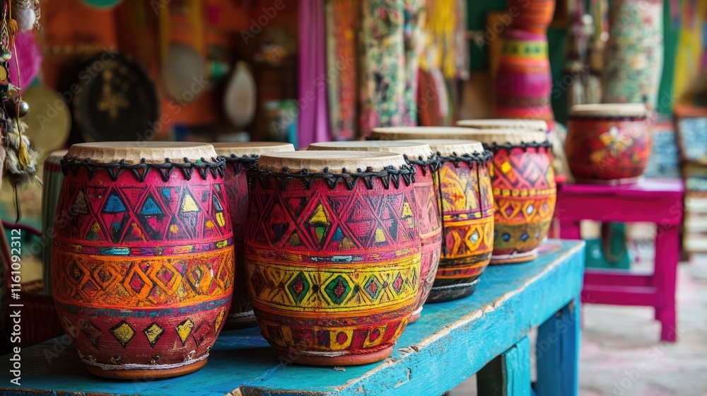 Fototapeta premium Colorful ceremonial drums displayed in a vibrant artistic setting showcasing intricate patterns and traditional craftsmanship