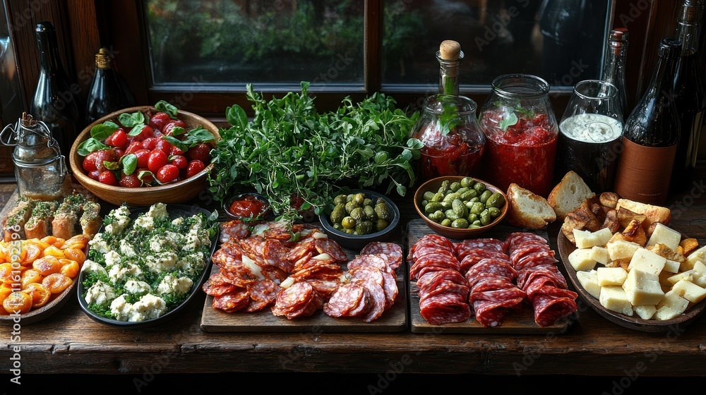 A vibrant spread of assorted appetizers and drinks. A vibrant spread of assorted appetizers and drinks.