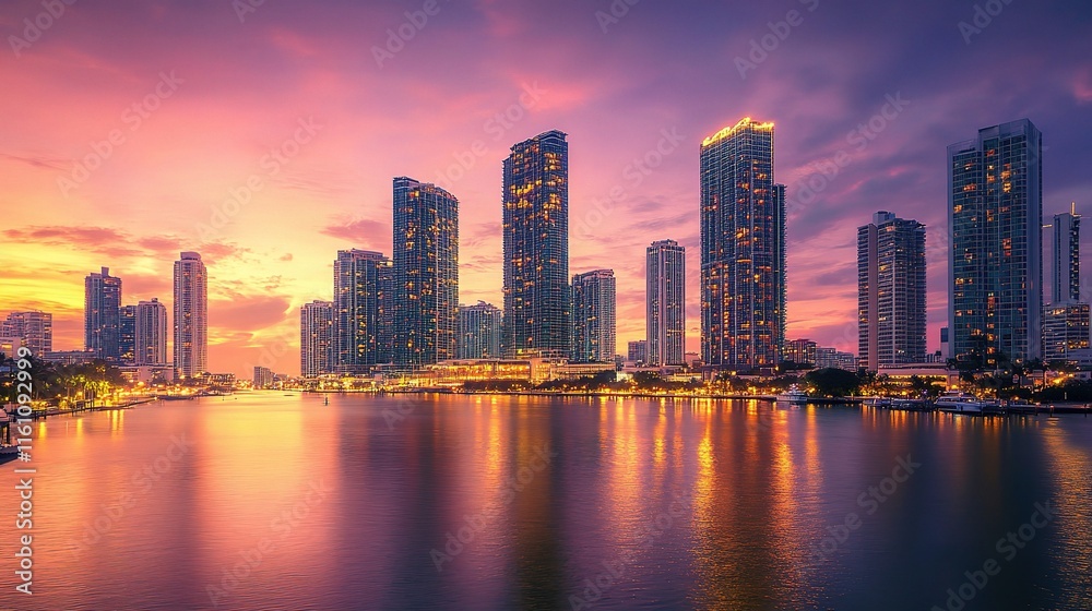 Fototapeta premium Sunset Cityscape with Illuminated Skyscrapers Reflecting on Water