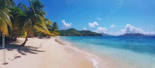 Fototapeta Naklejka Na Ścianę i Meble -  Caribbean beach scene featuring palm trees white sand clear blue sea and vibrant sky perfect for summer vacation and tropical getaway ideas