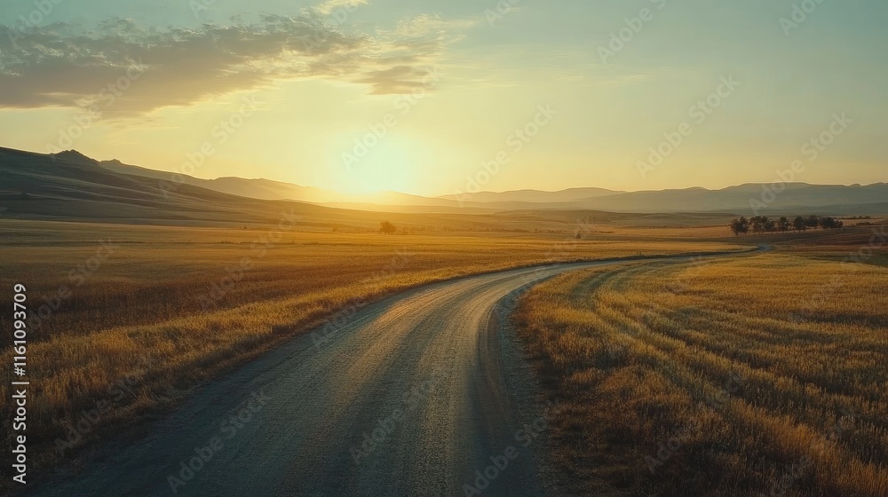 Naklejka premium Serene Curving Road Through a Golden Field at Sunset Offering Tranquil Landscape Views