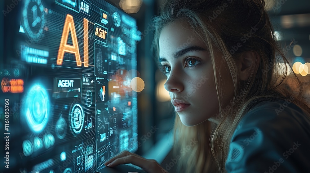 Young Woman Engaged with Technology in Modern Workspace