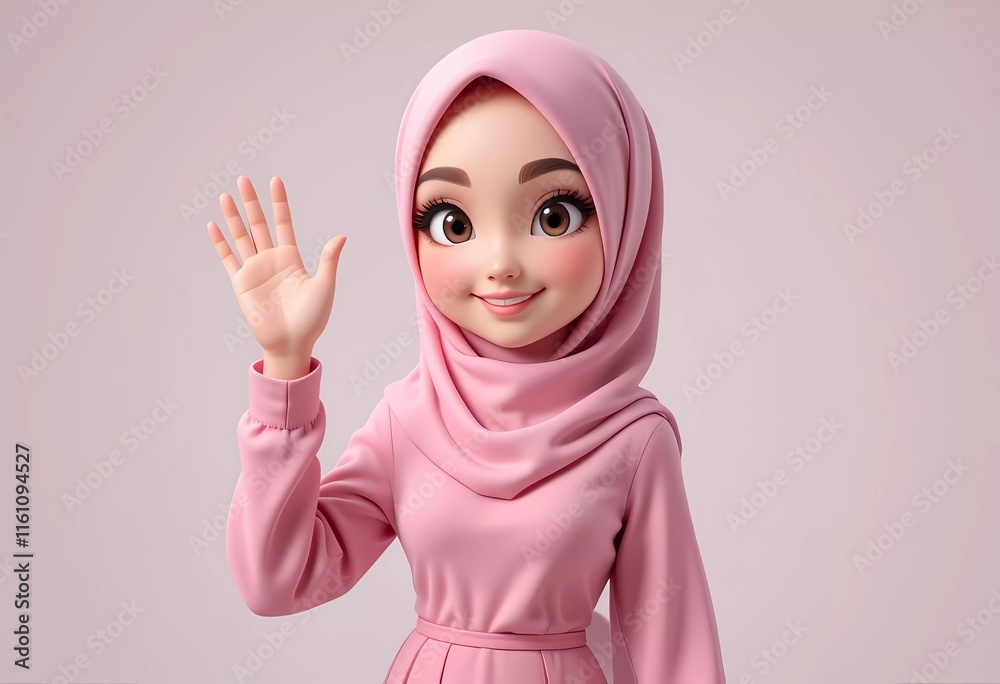 Adorable 3D Render of a Smiling Girl in Pink Hijab Waving Hello Adorable 3D Render of a Smiling Girl in Pink Hijab Waving Hello