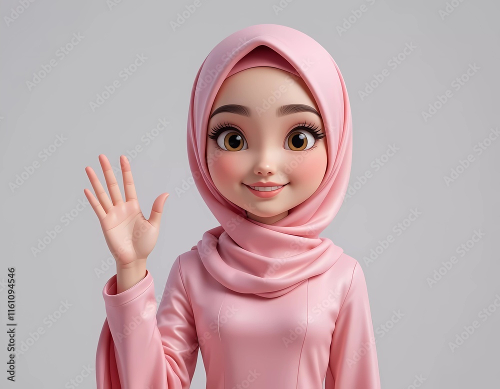 3D Render of a Smiling Hijabi Girl Giving a Wave 3D Render of a Smiling Hijabi Girl Giving a Wave