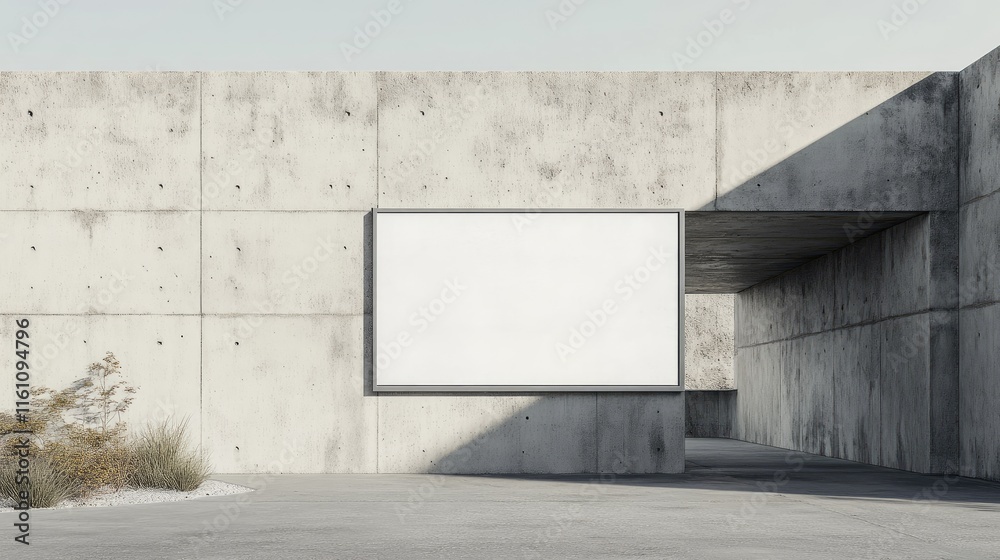 Obraz premium Minimalist Concrete Entrance Featuring a Blank Signboard in an Open Space Design