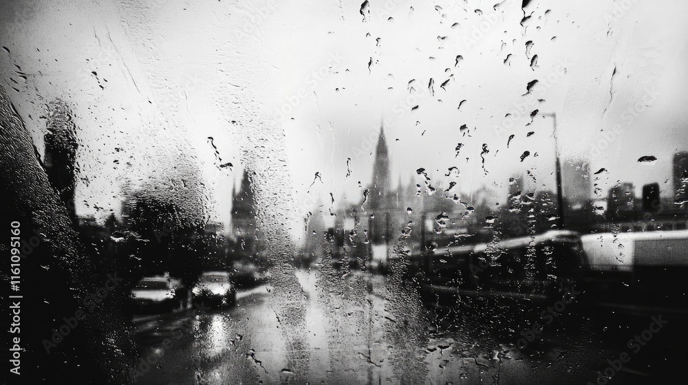 Fototapeta premium Raindrops cascading on wet glass creating a moody urban atmosphere during overcast weather with blurred city skyline in background.