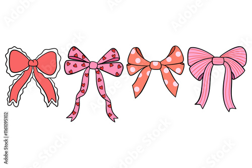 Valentine cute doodle ribbon bow set illustration by hand drawn.