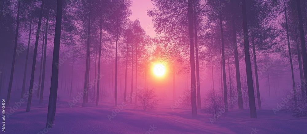 Fototapeta premium Violet sunset over winter forest landscape with fog and trees creating a serene atmosphere suitable for text overlays