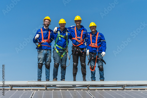 Group of solar technician teammates working together on solar roof installation