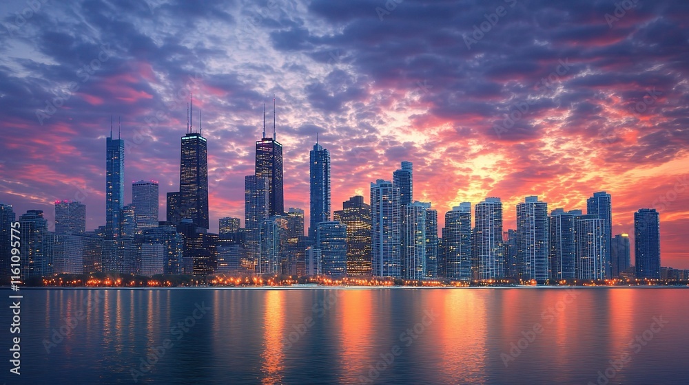 Obraz premium Stunning Urban Sunset with Skyscrapers Reflecting in Water