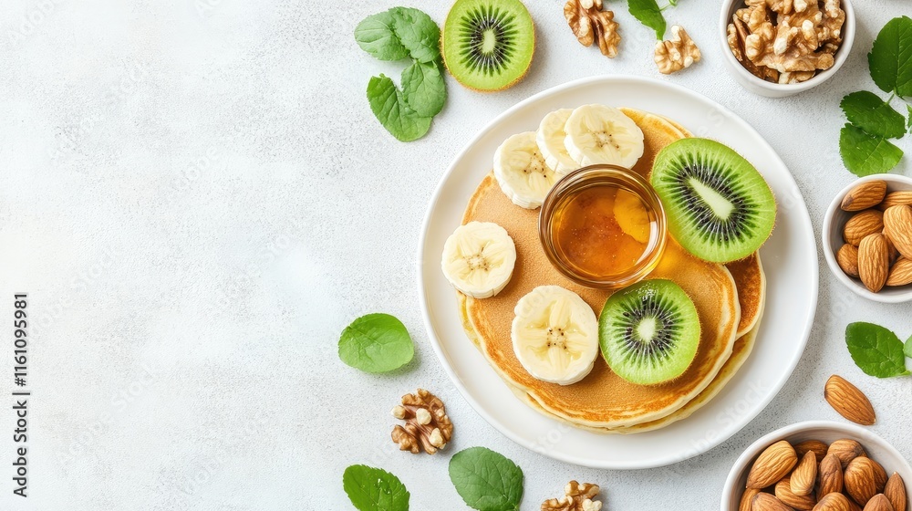 Delicious pancake stack topped with banana kiwi honey and nuts on white plate with fresh mint leaves breakfast inspiration and copy space