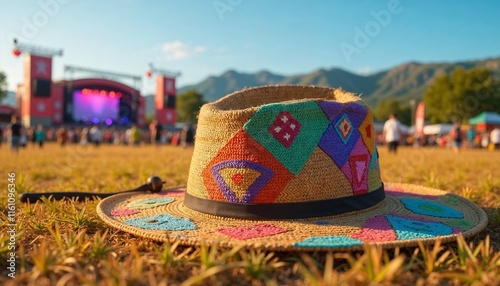 Straw hat with colorful patterns at outdoor music festival