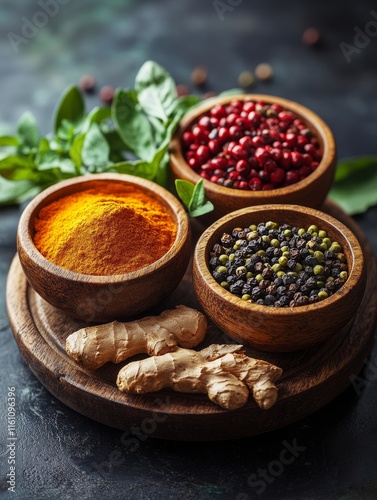 A vibrant display of spices in wooden bowls, highlighting culinary ingredients and flavors.