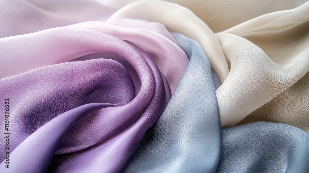 Fototapeta premium Elegant soft pastel silk fabric with fluid wavy texture showcasing luxurious satin cloth in a delicate background for versatile design use.