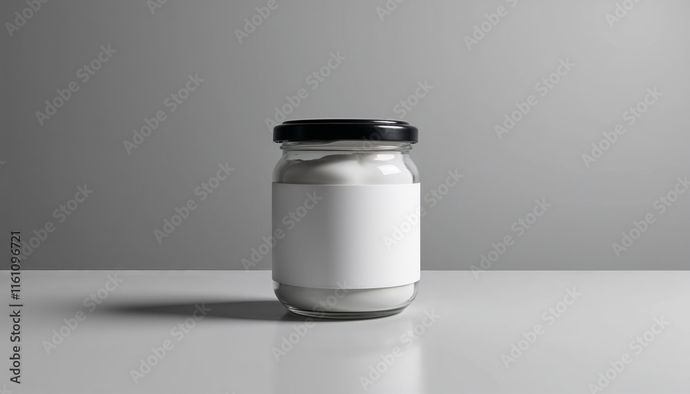 Minimalistic glass jar with blank label on gray background Minimalistic glass jar with blank label on gray background