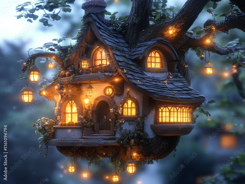 Fototapeta premium A whimsical treehouse adorned with glowing lanterns, nestled in a lush, enchanting environment.
