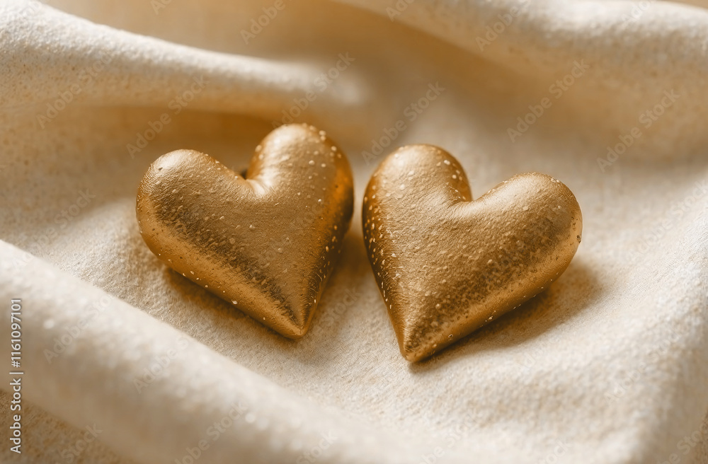Obraz premium Two shiny hearts on delicate fabric symbolizing love and romance,