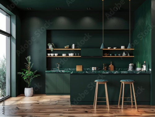 Kitchen with a green color theme and a potted plant on the counter. The kitchen has a marble countertop and wooden stools