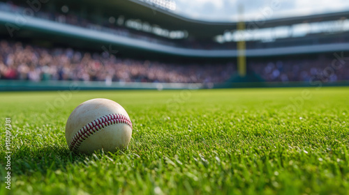 Close-up of baseball on grass at sunny stadium