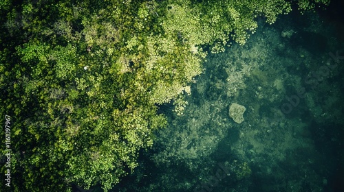 Aerial view of a vibrant coral reef landscape with green algae covering the seafloor showcasing underwater beauty and biodiversity photo