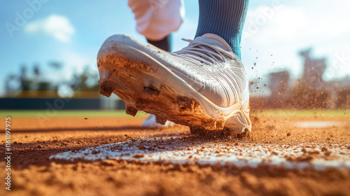 Close-up of baseball player's cleats on pitcher's mound dusting dirt on sunny day
