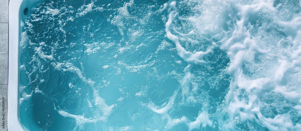 Aerial view of a luxurious jacuzzi swimming pool with hydromassage jets and vibrant turquoise water inviting relaxation and tranquility Aerial view of a luxurious jacuzzi swimming pool with hydromassage jets and vibrant turquoise water inviting relaxation and tranquility