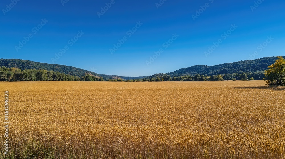 Vibrant Yellow Wheat Field Surrounded by Lush Hills Against a Bright Blue Sky in Autumn Landscape Vibrant Yellow Wheat Field Surrounded by Lush Hills Against a Bright Blue Sky in Autumn Landscape