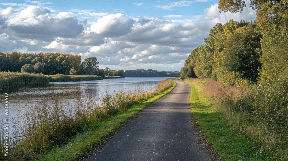 Serene Pathway Along Tranquil River Under Scenic Cloudy Sky in a Minimalist Landscape Setting Serene Pathway Along Tranquil River Under Scenic Cloudy Sky in a Minimalist Landscape Setting