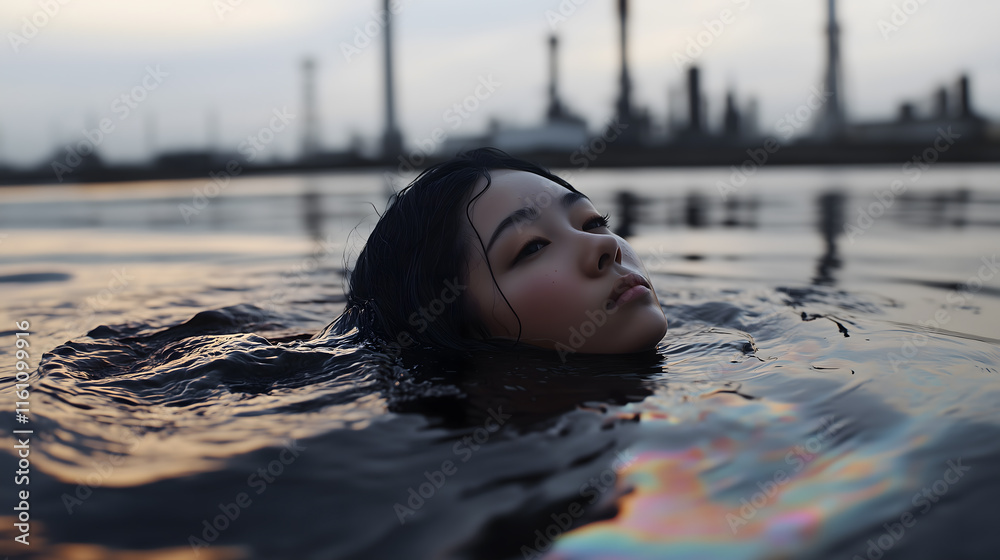 Fototapeta premium Oil Spill Catastrophe Concept with Fashion Model. Environmental disaster and pollution awareness. Abstract storytelling for ecological issues.