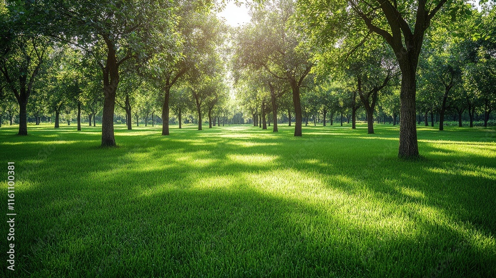 Sunny orchard with lush green apple trees and vibrant grass creating a serene agricultural landscape in natural light. Sunny orchard with lush green apple trees and vibrant grass creating a serene agricultural landscape in natural light.