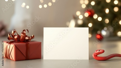 Empty postcard rests on a table, surrounded by snake year themed gifts and festive New Year decorations. photo