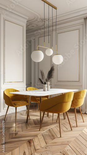 Salle à manger lumineuse avec table blanche et chaises jaunes entourées de moulures classiques. photo