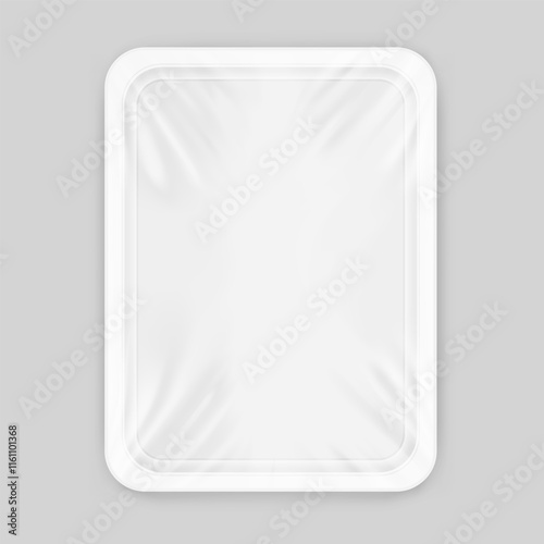 Clear tray container mockup. Vector illustration isolated on grey background. Layered template file easy to use for your promo product: meat of animals, chicken, fish. EPS10.	