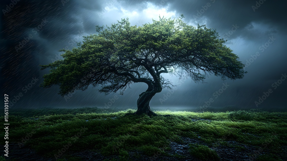 A Resilient Tree Illuminated Amidst a Relentless Storm, Symbolizing Nature's Strength and Beauty in Adversity A Resilient Tree Illuminated Amidst a Relentless Storm, Symbolizing Nature's Strength and Beauty in Adversity