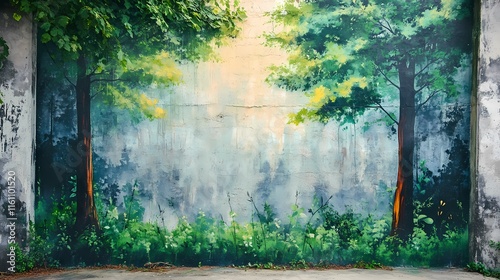 Serene Forest Mural: A Breathtaking Wall Painting Depicting a Tranquil Woodland Scene