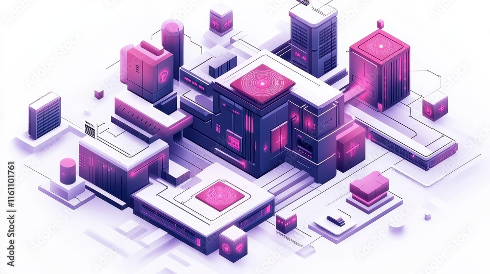 A vibrant, abstract 3D cityscape featuring geometric shapes, illuminated in shades of pink and purple, creating a futuristic digital environment.