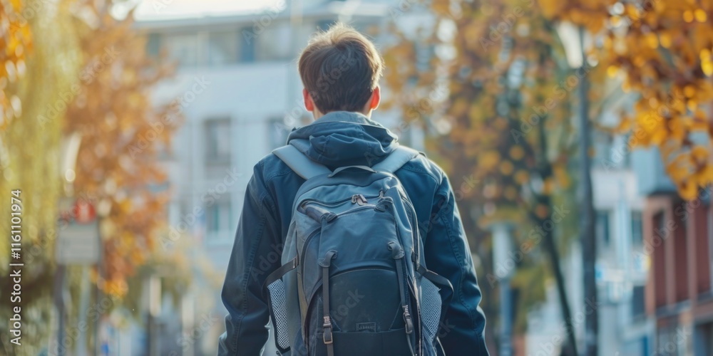 A student walking with a backpack down a city street on an autumn day. The scene features fall foliage and suggests a rainy walk to or from school. A student walking with a backpack down a city street on an autumn day. The scene features fall foliage and suggests a rainy walk to or from school.