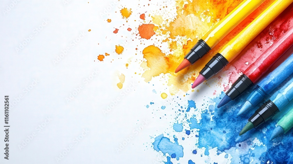 Fototapeta premium Colorful Markers with Paint Splashes on White Background