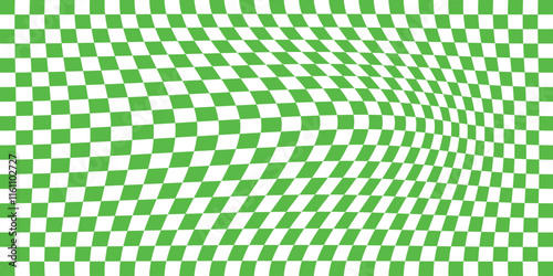 Abstract wavy psychedelic checkerboard background with white and green colors. Trippy design with distortion grid effect. Twisted wavy and groovy geometrical chessboard. Vector illustration. EPS 10