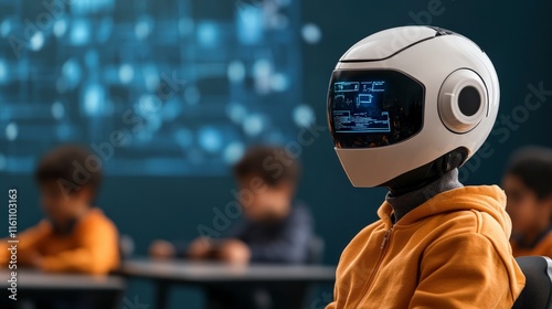 Child with Robot Head in Classroom Setting Surrounded by Students