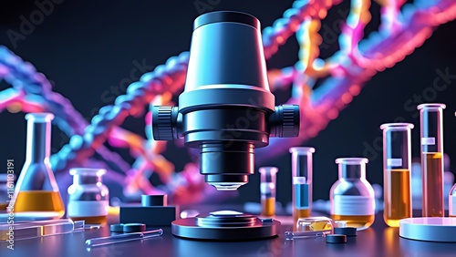 Close-up of a microscope on a background of laboratory equipment and macro image of DNA in an animated style. The concept of innovative medical technology photo