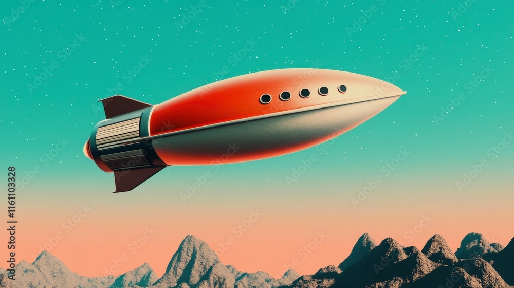 Fototapeta premium Retro Rocket Flying Over Mountains with Starry Sky Background