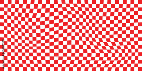 Trippy checkerboard background, wavy checker pattern, optical illusion. Vector seamless black and white swirl.