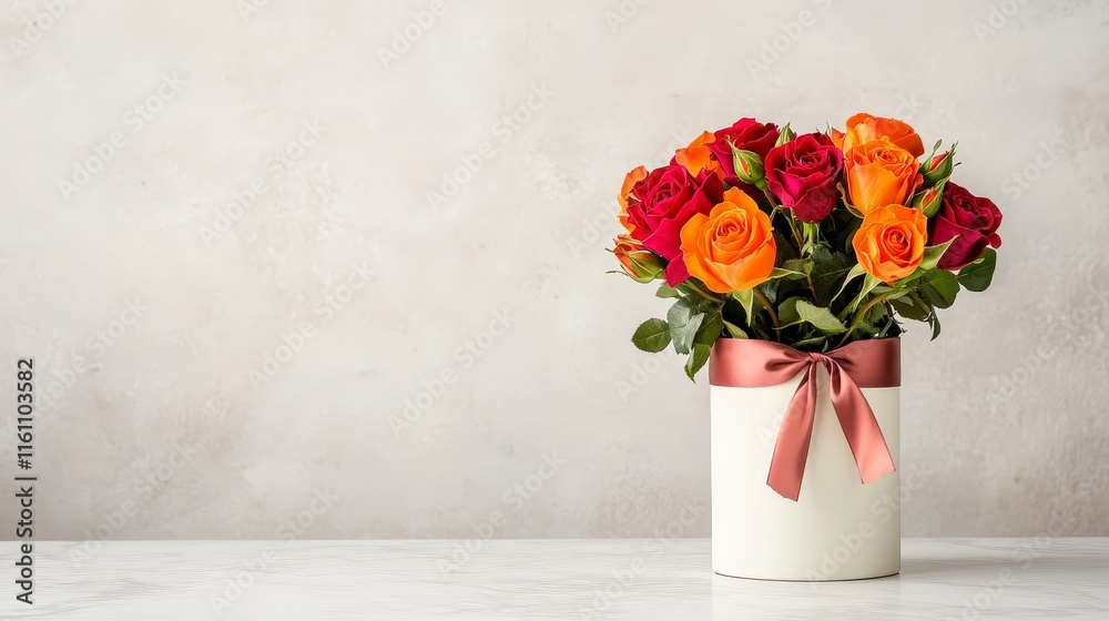 Vibrant Bouquet of Roses in Stylish White Vase with Ribbon Vibrant Bouquet of Roses in Stylish White Vase with Ribbon