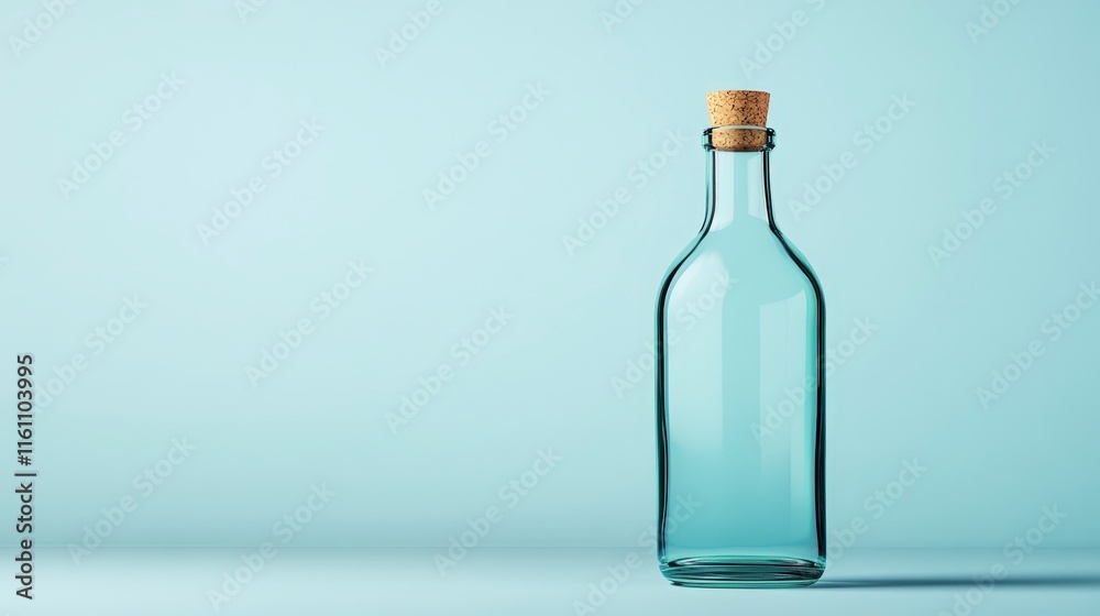 Clear glass bottle with cork on soft blue background Clear glass bottle with cork on soft blue background
