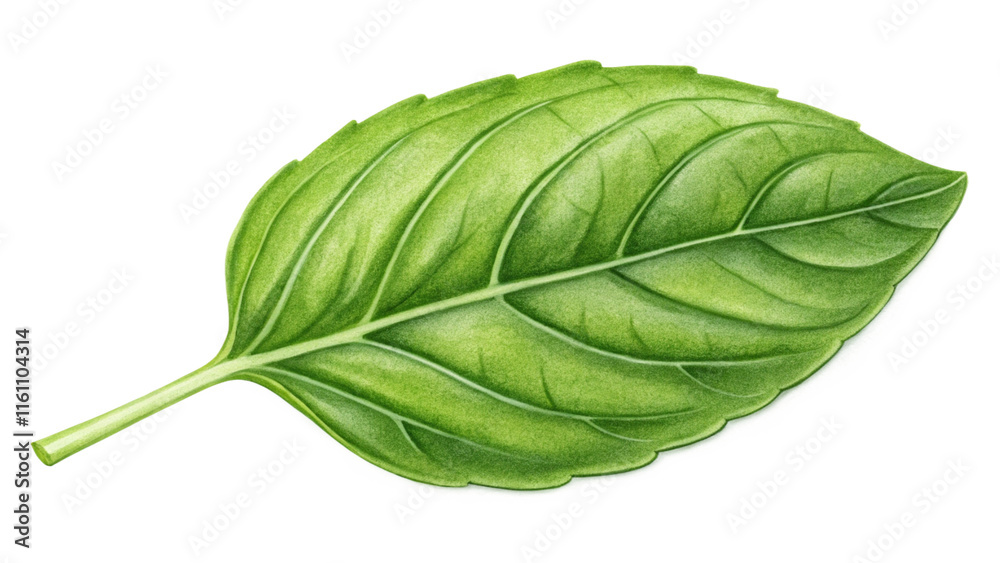 Fototapeta premium Single Basil Leaf Botanical Illustration, Green Herb Detail